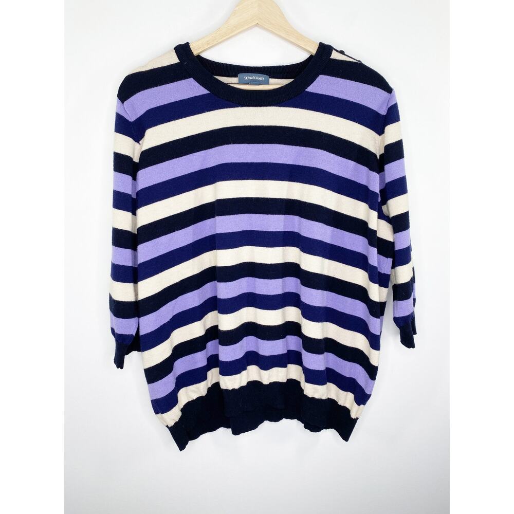 ModCloth Womens 4X Striped Pullover Sweater Navy Purple Cream 3/4 Sleeve Buttons